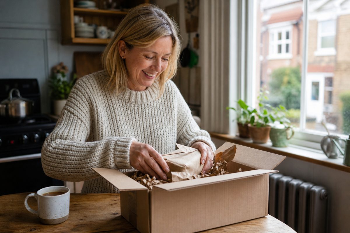 A woman unpacking a delivery at her kitchen table
